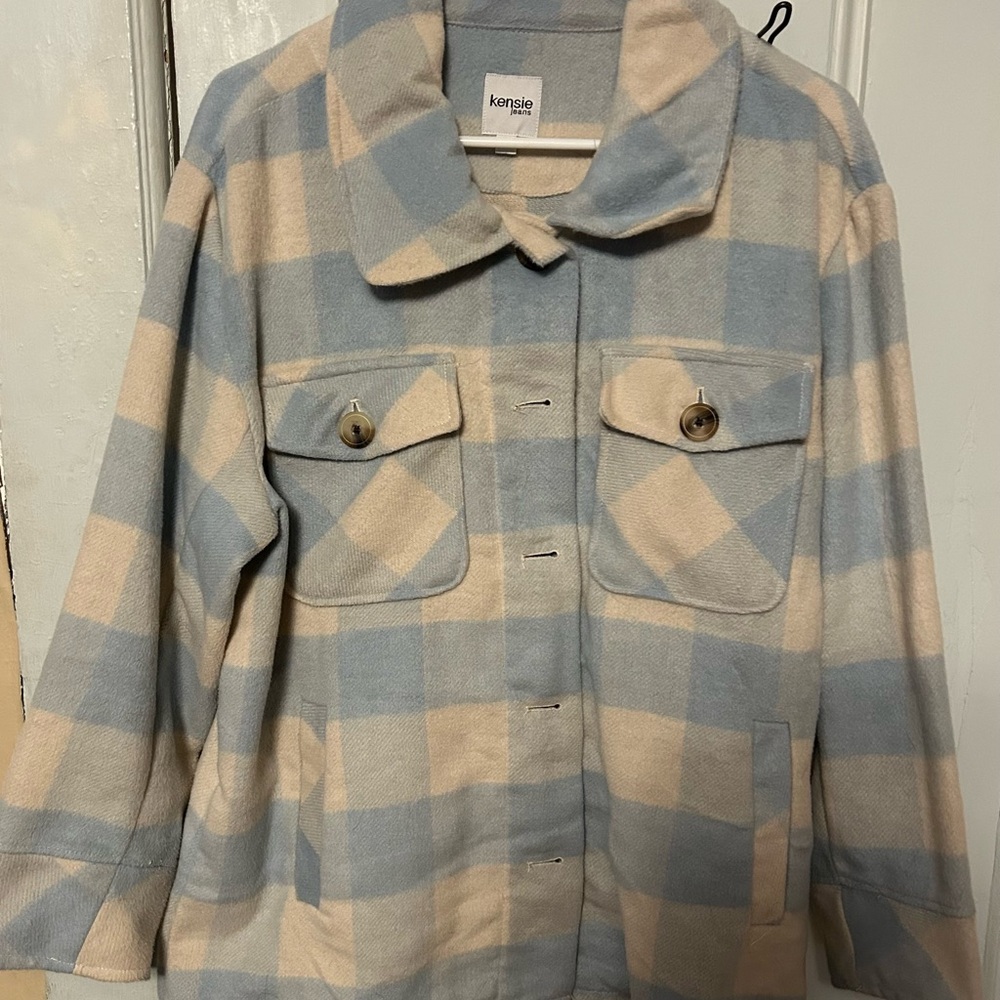 Kensie Utility Jacket Blue and Cream Checkered